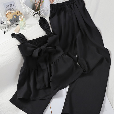 Γυναικείο σετ παντελόνι με ψηλή μέση και μπλούζα με κορδέλα