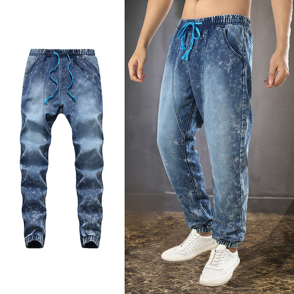 Muške ležerne duge traperice s gumicom na gležnju i vezicama