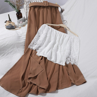 Modern női csipke melltartó és szoknya szett magas derékkal és övvel