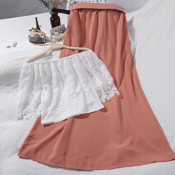 Modern női csipke melltartó és szoknya szett magas derékkal és övvel