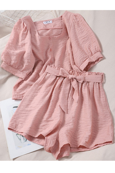 Γυναικείο σετ σορτς με κορδέλα και μπλούζα με κοντά μανίκια