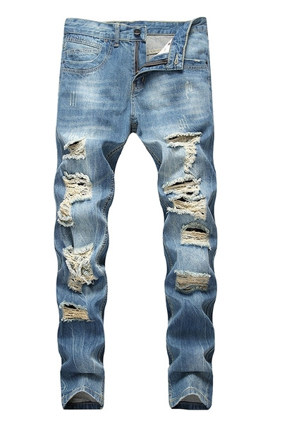 Vyriški džinsai su plyšusiu dešiniuoju ir mėlynu užtrauktuku