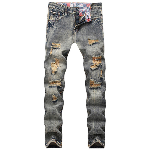 Vyriški džinsai su plyšusiu dešiniuoju ir mėlynu užtrauktuku