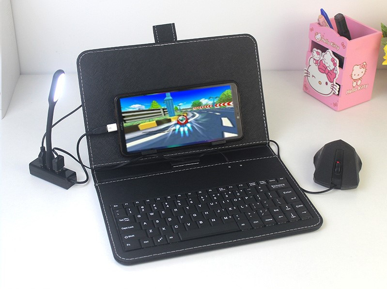 Klaviatūra su odiniu dėklu tinka mobiliajam telefonui ar planšetiniam kompiuteriui