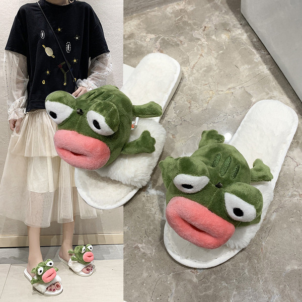 Plüss női papucs 3D békával
