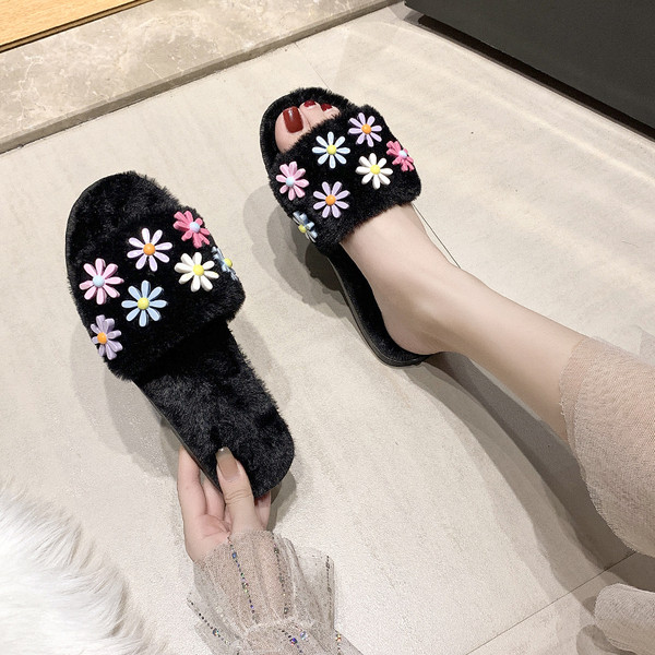 Plüss női papucs 3D virágokkal