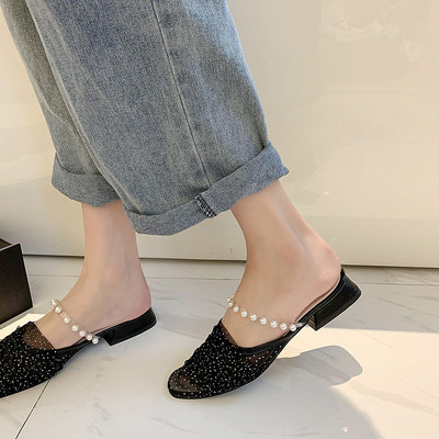 Ženske papuče na nisku petu, perle i til