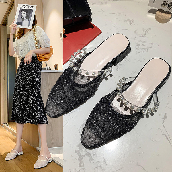 Ženske papuče na nisku petu, perle i til