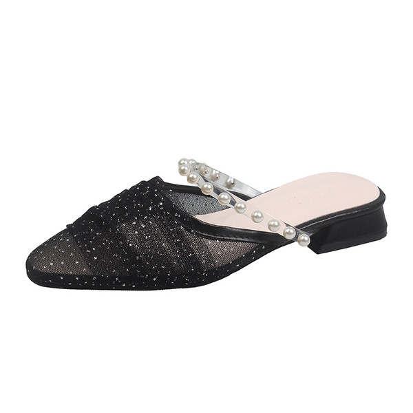 Ženske papuče na nisku petu, perle i til