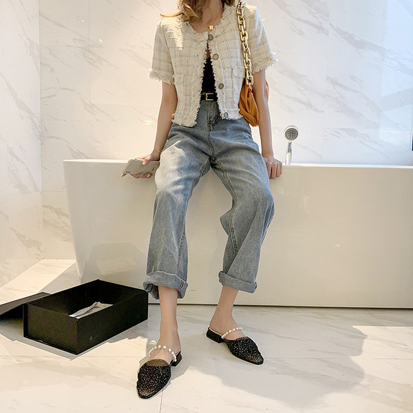 Ženske papuče na nisku petu, perle i til