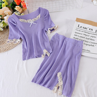 Moodne naiste komplekt, mis sisaldab T-särki ja kõrge vöökohaga seelikut