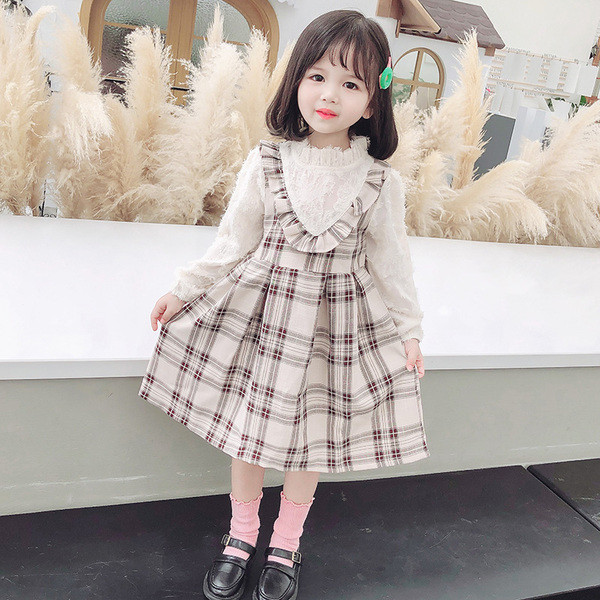 Karirana dječja haljina s dugim rukavima