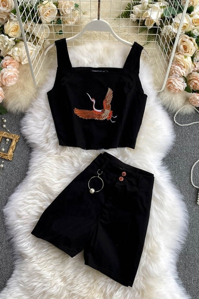 Kasdienis moteriškas dviejų dalių komplektas su siuvinėjimu