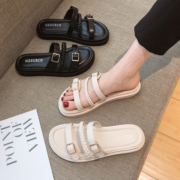 Ženske kožne ljetne papuče s ravnim potplatom