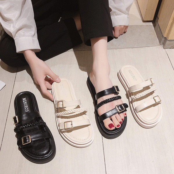 Ženske kožne ljetne papuče s ravnim potplatom