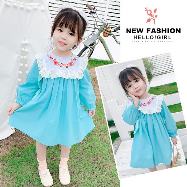 Sügisene pikkade varrukate ja tikanditega lastekleit tüdrukutele