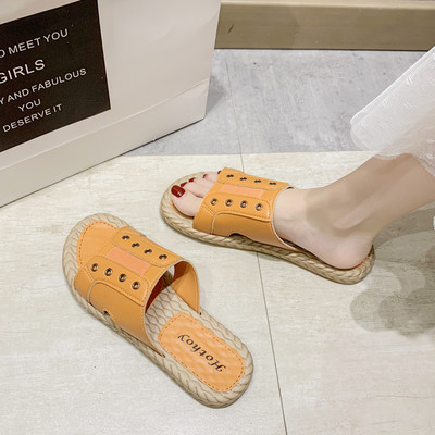 Eko bőrből készült, hétköznapi női papucs lapos talppal