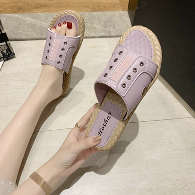 Eko bőrből készült, hétköznapi női papucs lapos talppal