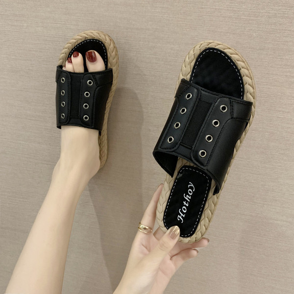 Eko bőrből készült, hétköznapi női papucs lapos talppal