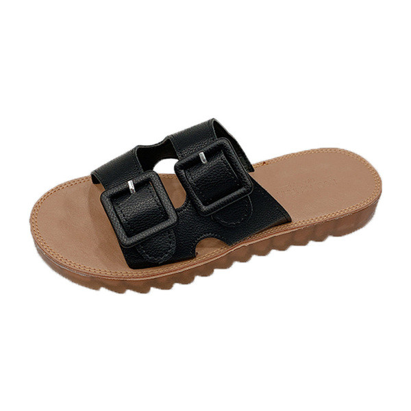 Női hétköznapi papucs lapos talppal és bőrpántokkal