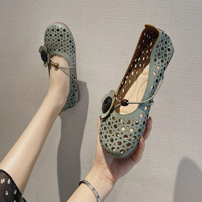 Pantofi casual dama din piele cu talpa plata si floare