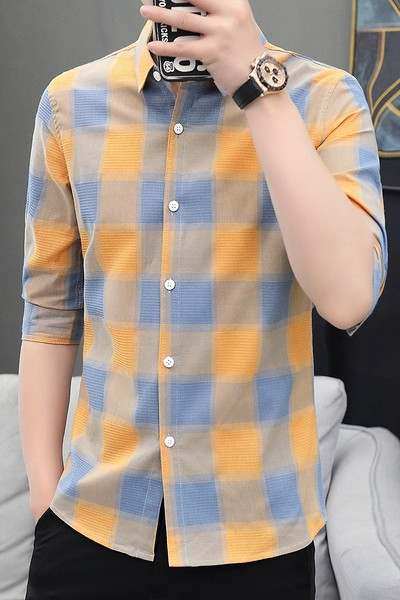 Kockás férfi ing 3/4-es ujjal és klasszikus gallérral