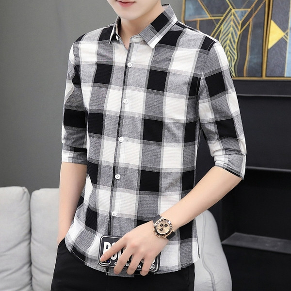 Kockás férfi ing 3/4-es ujjal és klasszikus gallérral