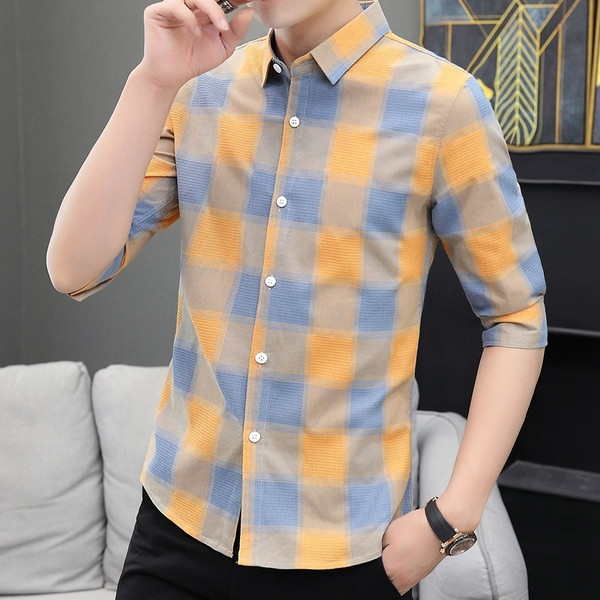 Kockás férfi ing 3/4-es ujjal és klasszikus gallérral