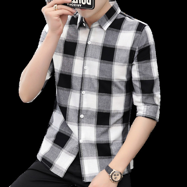 Kockás férfi ing 3/4-es ujjal és klasszikus gallérral