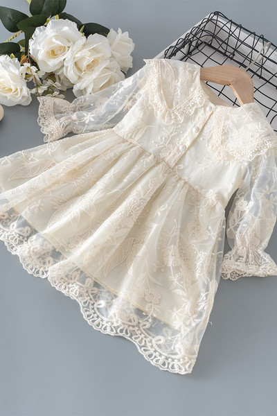 Rochie copii din dantela pentru fete cu maneci lungi si nasturi