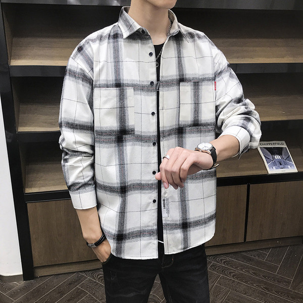 Muška karirana košulja s džepom i dugim rukavima