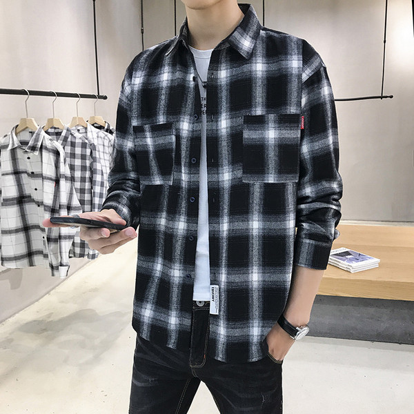 Muška karirana košulja s džepom i dugim rukavima