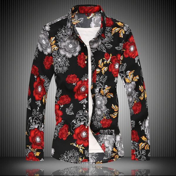 Modern férfi ing virágos motívumokkal és hosszú ujjal