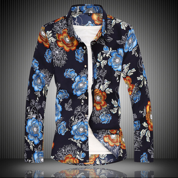 Modern férfi ing virágos motívumokkal és hosszú ujjal