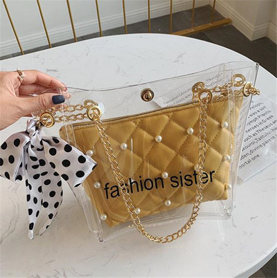 Μοντέρνα τσάντα με διαφανές μέρος και πέρλες