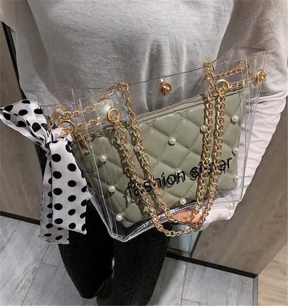 Μοντέρνα τσάντα με διαφανές μέρος και πέρλες