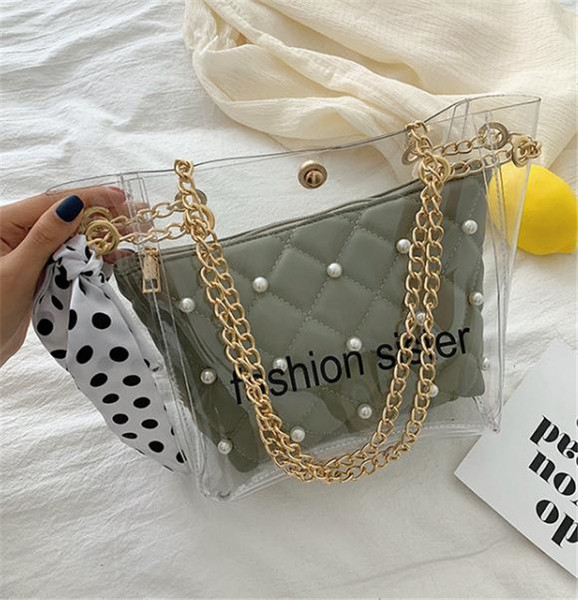 Μοντέρνα τσάντα με διαφανές μέρος και πέρλες