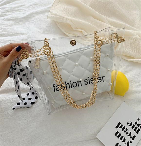 Μοντέρνα τσάντα με διαφανές μέρος και πέρλες