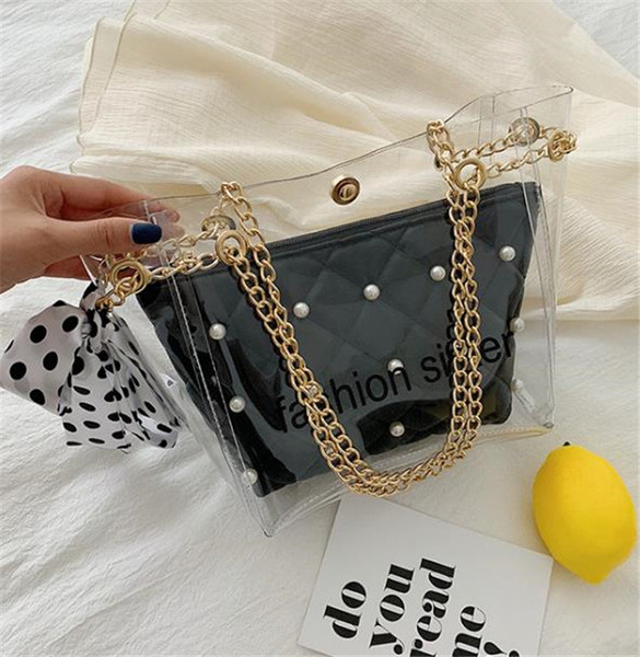 Μοντέρνα τσάντα με διαφανές μέρος και πέρλες