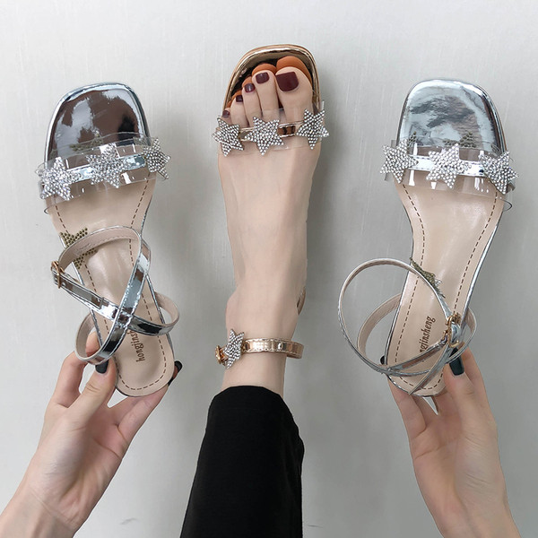 Sandale de dama moderne cu toc patrat incolor