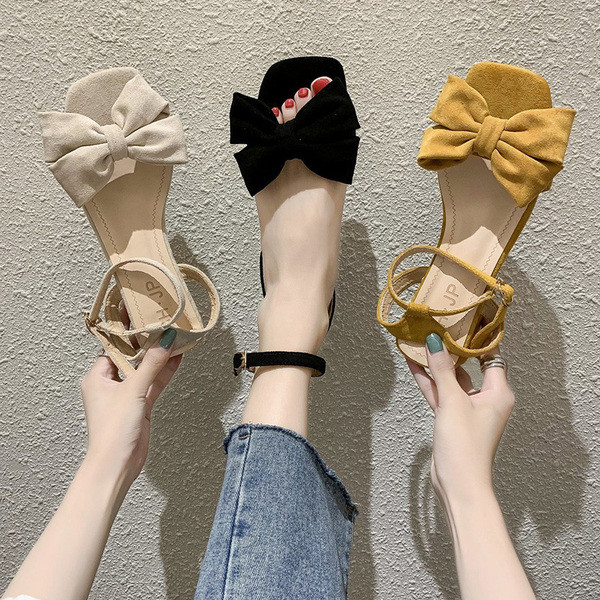 Дамски  модерни сандали с панделка и нисък ток 