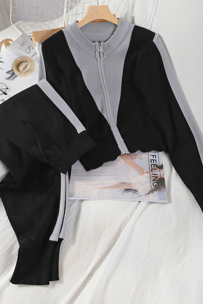 Set de tricotat subțire pentru femei de toamnă, inclusiv un cardigan cu fermoar și pantaloni