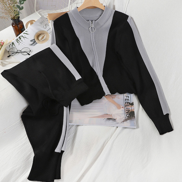 Set de tricotat subțire pentru femei de toamnă, inclusiv un cardigan cu fermoar și pantaloni