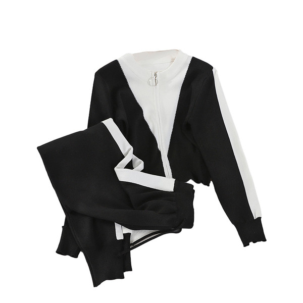 Set de tricotat subțire pentru femei de toamnă, inclusiv un cardigan cu fermoar și pantaloni