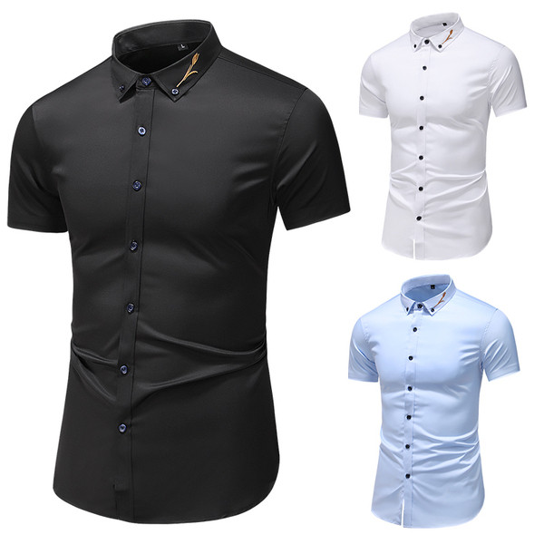 Cămașă modernă pentru bărbați Model Slim cu broderie și mâneci scurte