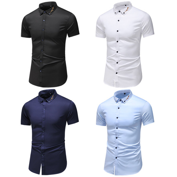 Cămașă modernă pentru bărbați Model Slim cu broderie și mâneci scurte