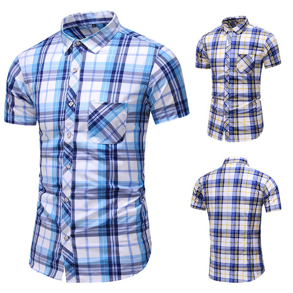 Cămașă bărbătească în carouri cu buzunar și mâneci scurte