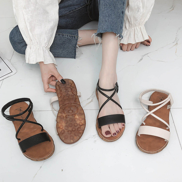 Sandale casual dama cu talpa plata si bretele din piele