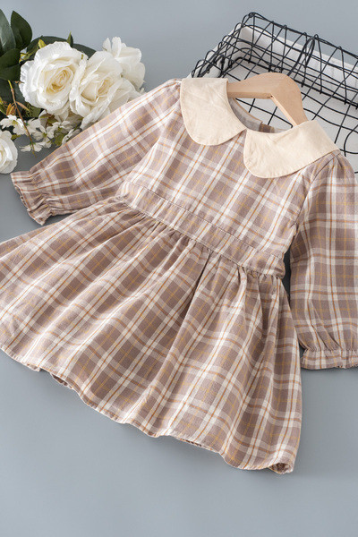 Карирана детска рокля за момичета разкроен модел с дълъг ръка и яка