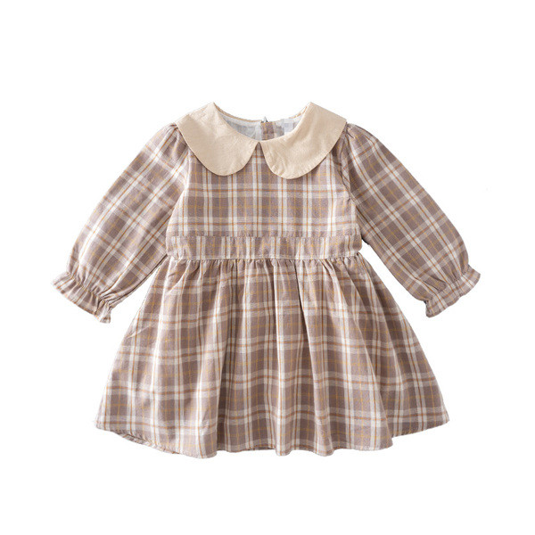 Карирана детска рокля за момичета разкроен модел с дълъг ръка и яка